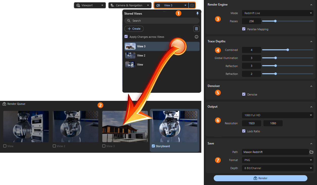The available Render Settings to output a still frame or an animation for the selected entries in the Render Queue.