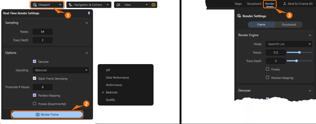 The Render Settings for the viewport are found in the 'Viewport' menu. The Render Settings for the final output can by found by switching to the 'Render' layout.