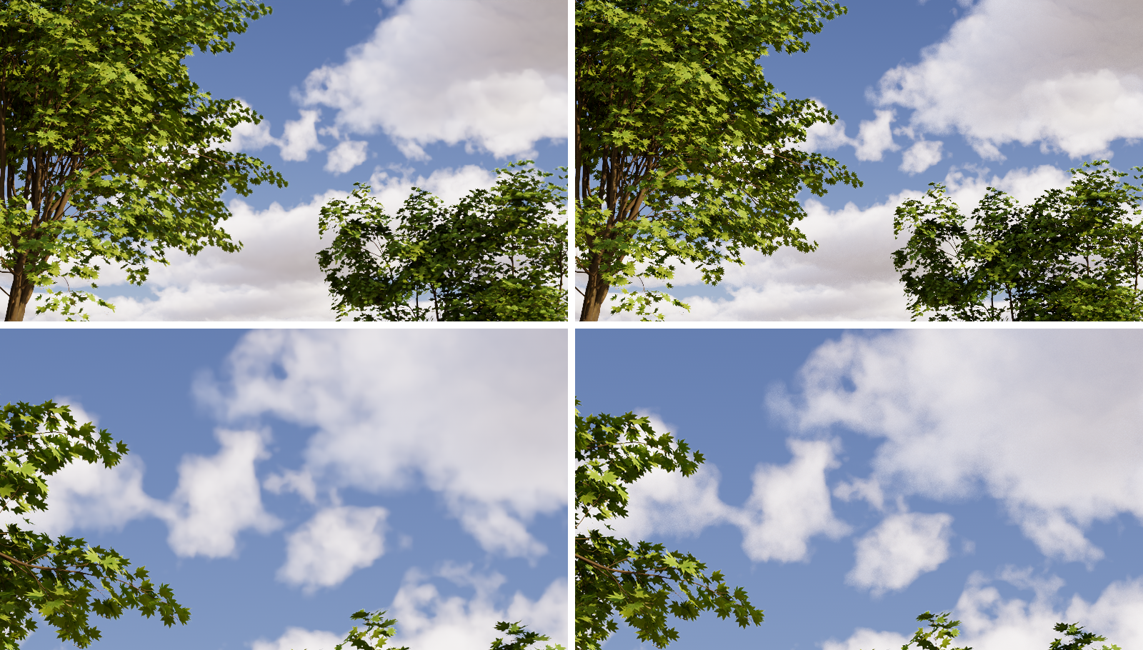 Render comparison of an outdoor scene with and without 'Denoise'.