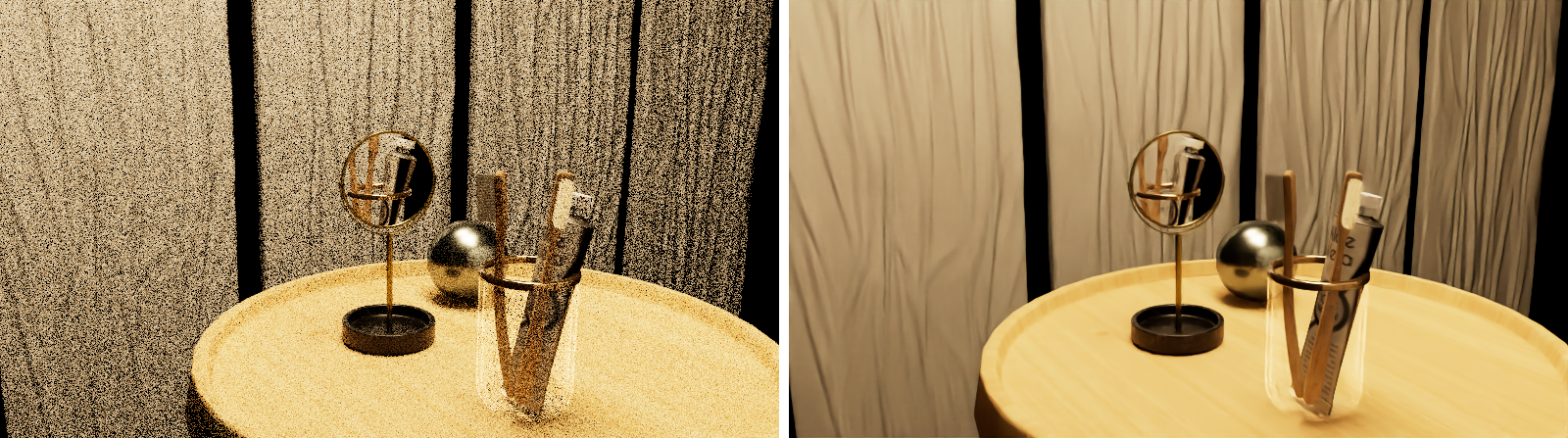 Render comparison of an indoor scene with and without 'Denoise'.