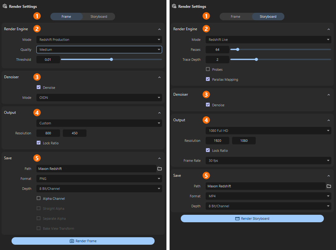The available Render Settings to output a still frame or an animation.