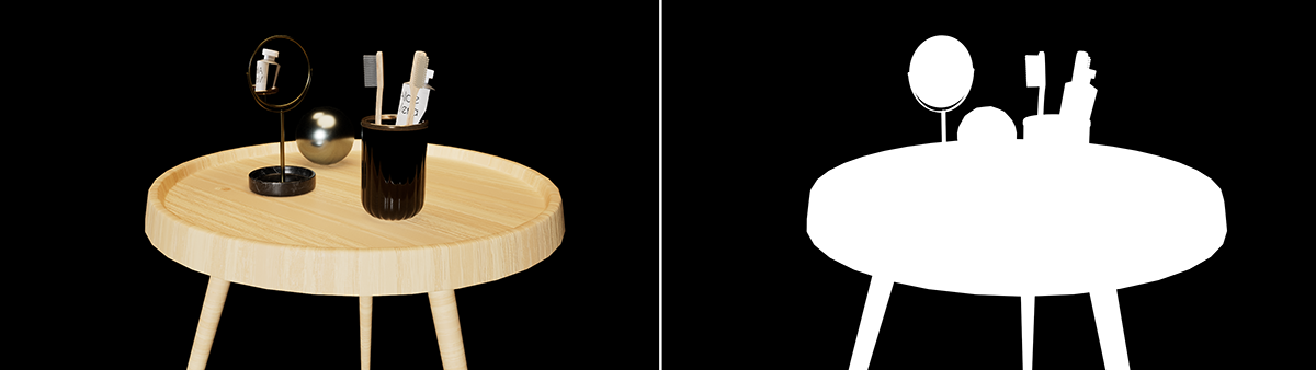 Comparison between a simple rendering and its alpha channel.