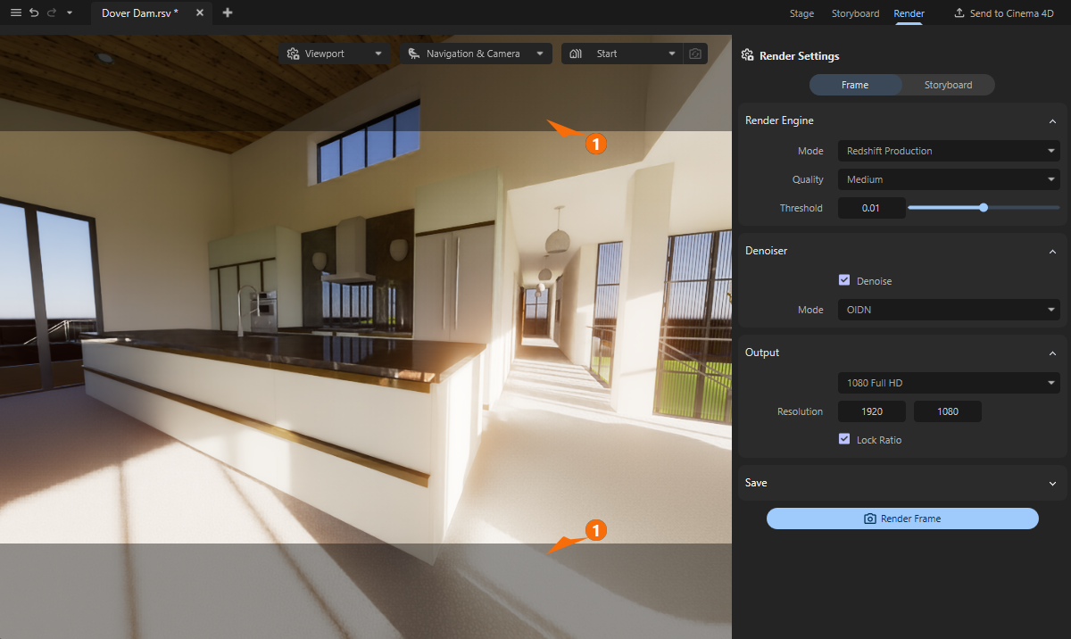 A screenshot highlighting the 'Safe Frames' overlay in the viewport.