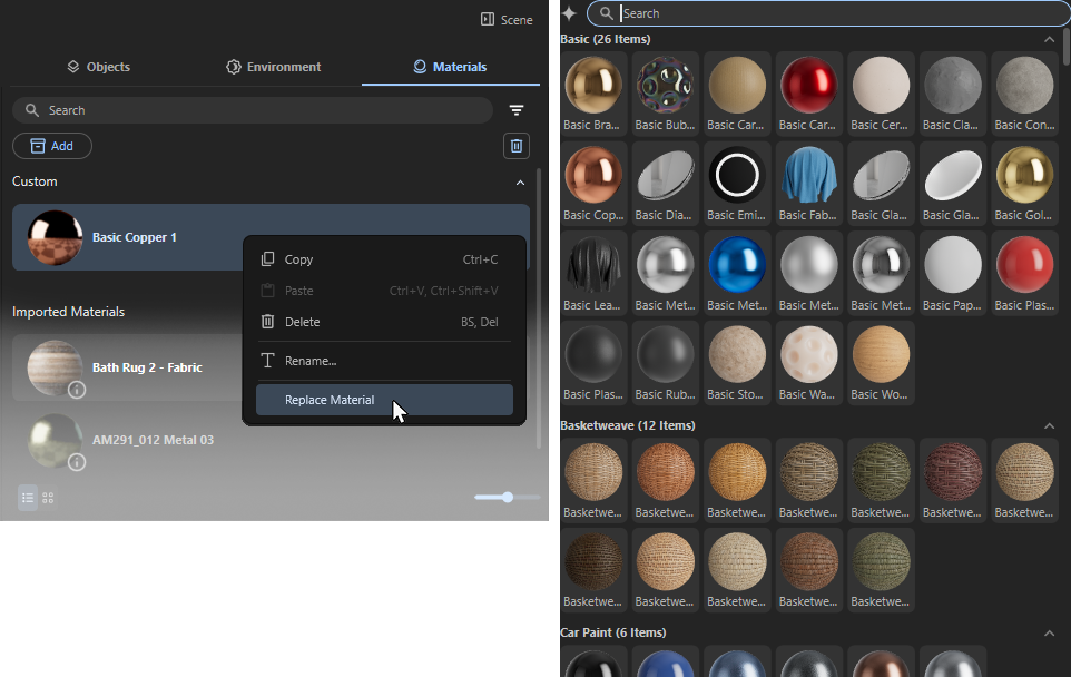 'Custom Material's can get replaced by materials from the 'Library Browser'.