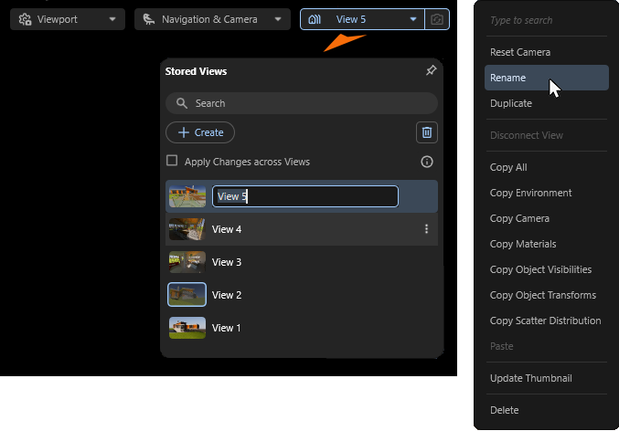 Perspectives, settings of objects and the environment can be organized in the Stored View Manager