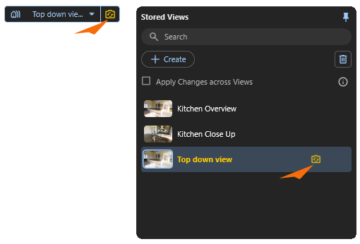 The camera perspective of stored views can be updated by a click on the Update Camera icon
