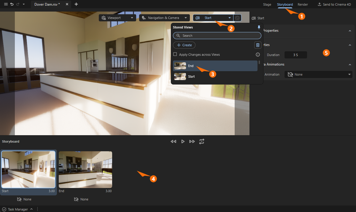 Showing typical steps of the Storyboard worflow from activating the Storyboard layout to organizing the stored views in the Storyboard for rendering.