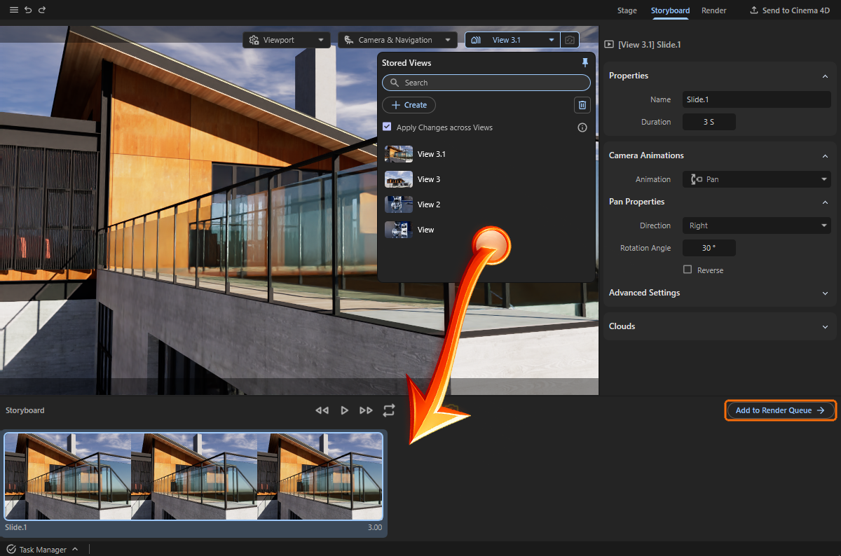 The figure shows the Storyboard layout and indicates by highlighting the button nect to the Storyboard section that copies the current animation to the Render Queue.