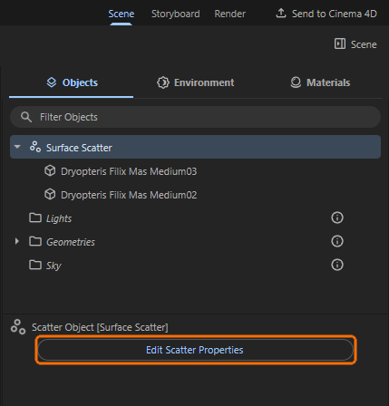 The Surface Scattering Object provides direct access to the assets used for scattering and also to the scattering settings for subsequent correction.