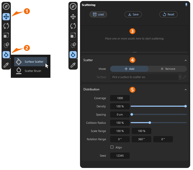 The available Surface Scatter Tool settings