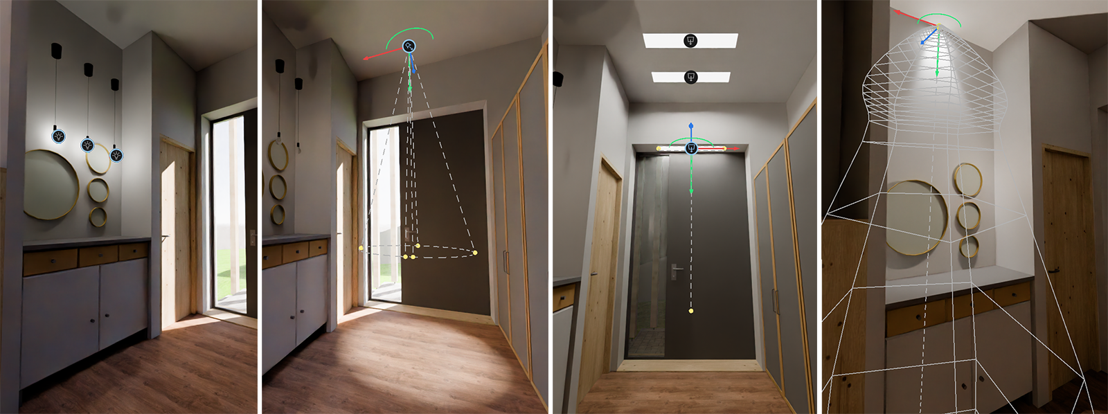 Examples of the different types of Maxon Redshift light sources placed in an architectual scene.