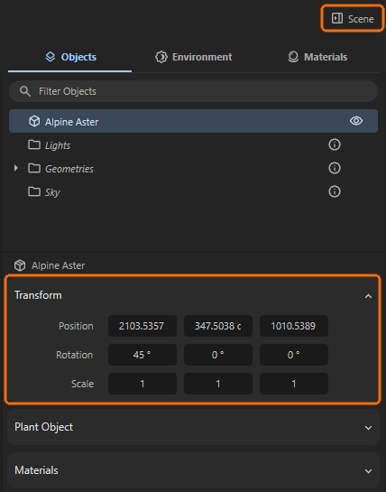 The Transform section offers numerical values for input.