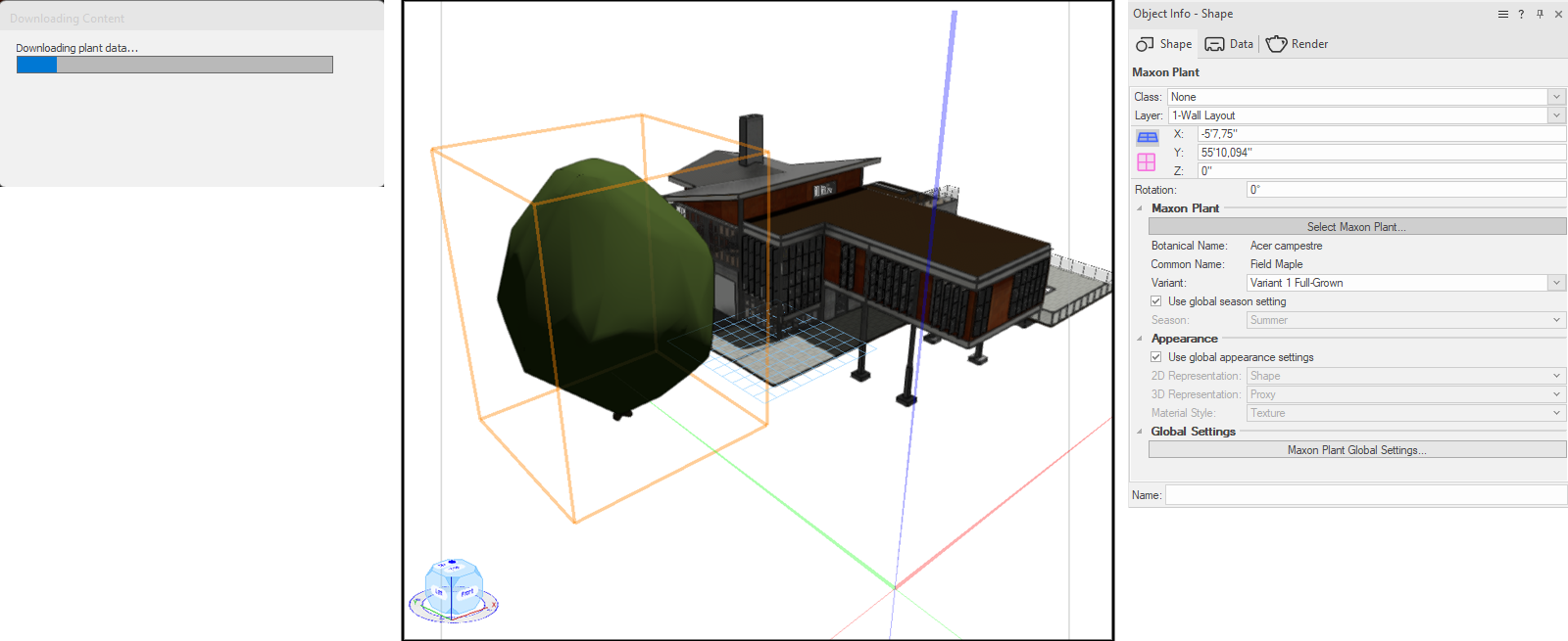 Downloading and placing a Plant Object in the Vectorwork viewport.