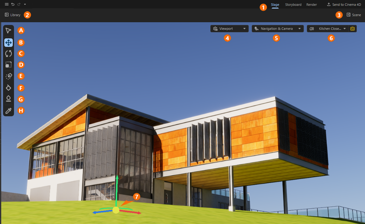 View of the standard layout of Maxon Redshift with additional highlights for some of the most important menus, buttons and icons.