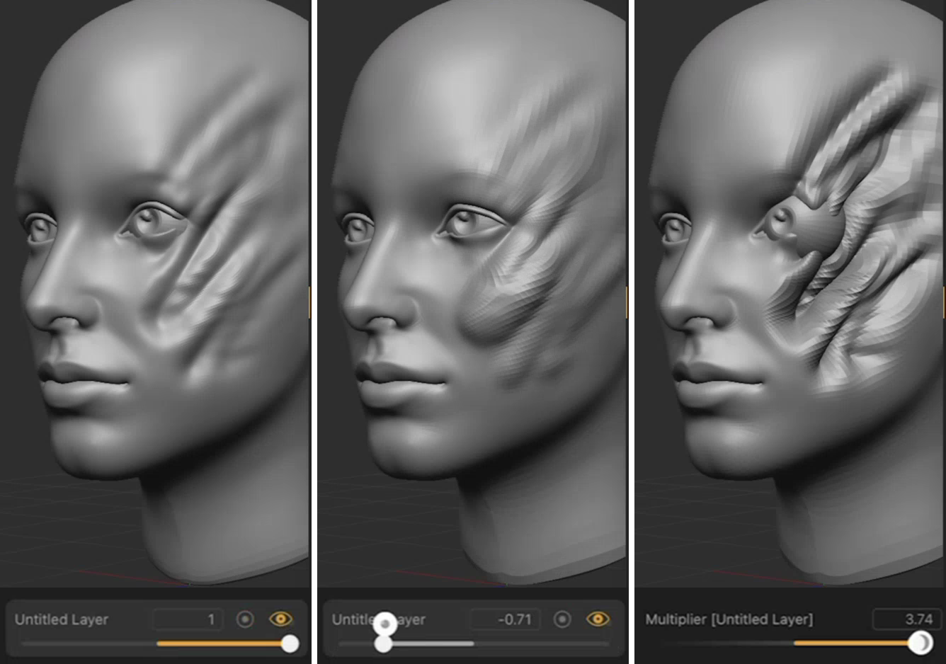 The same layer at 1 (left), at -0.71, and pushed past full strength (right) with the Multiplier