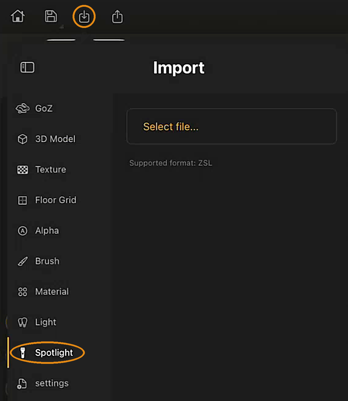 Spotlight in the Import menu