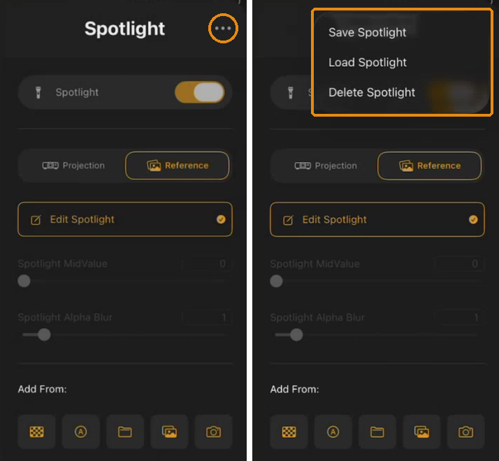 Tap ••• in the Spotlight menu (left) to open Save Spotlight, Load Spotlight, and Delete Spotlight (right)