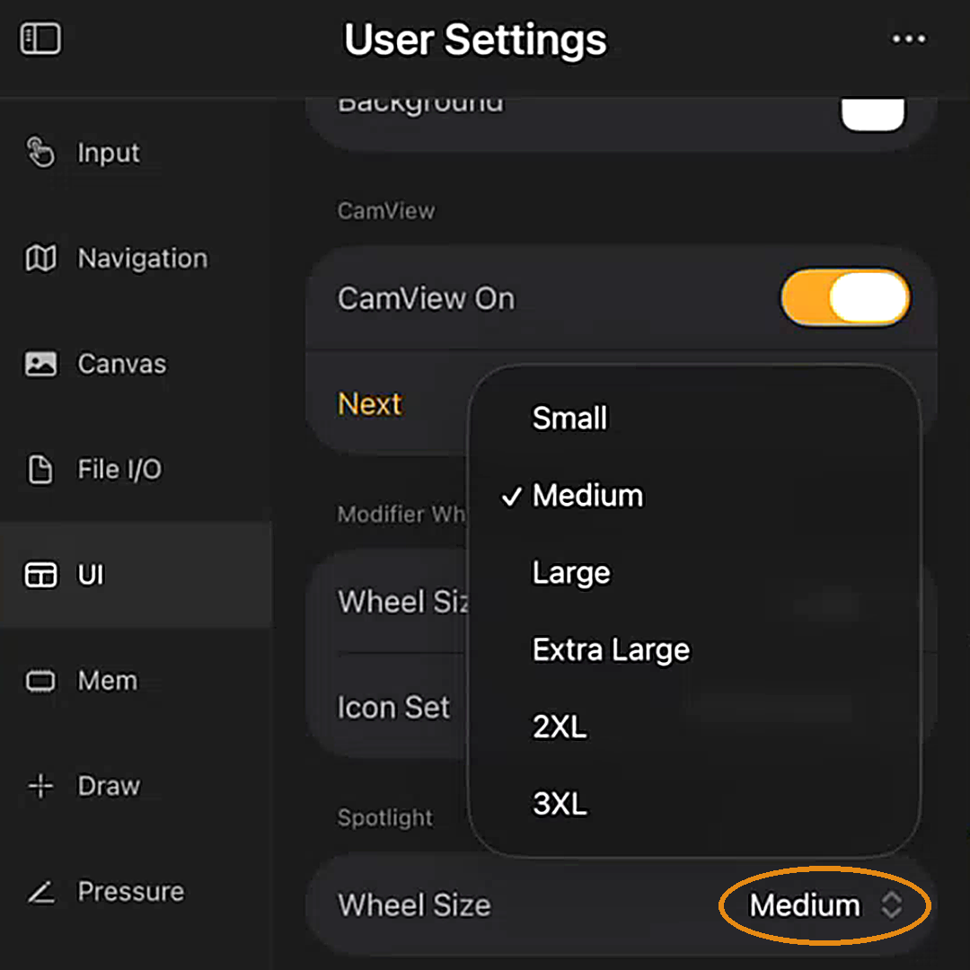 Wheel Size in User Settings > UI, with the size list open