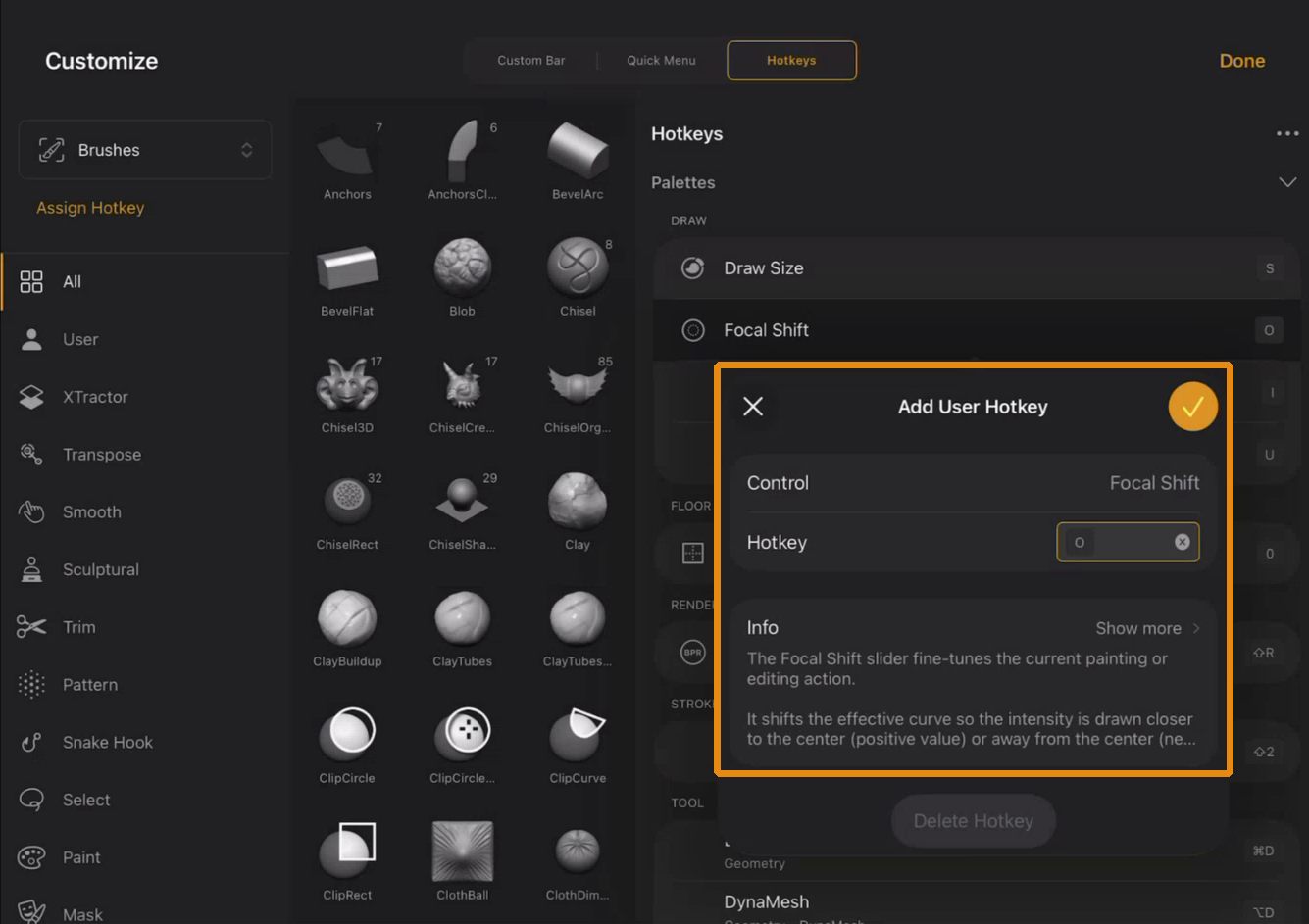 The Add User Hotkey dialog for Focal Shift. The dialog displays the control name, a hotkey input field showing the assigned key O, an info section describing what the control does, and a Delete Hotkey button at the bottom.