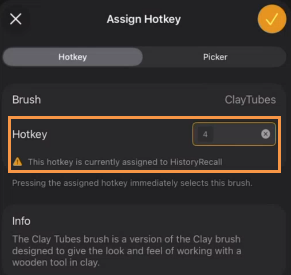 ZBrush for iPad offers an alert if you attempt to assign a hotkey value that is already in use.