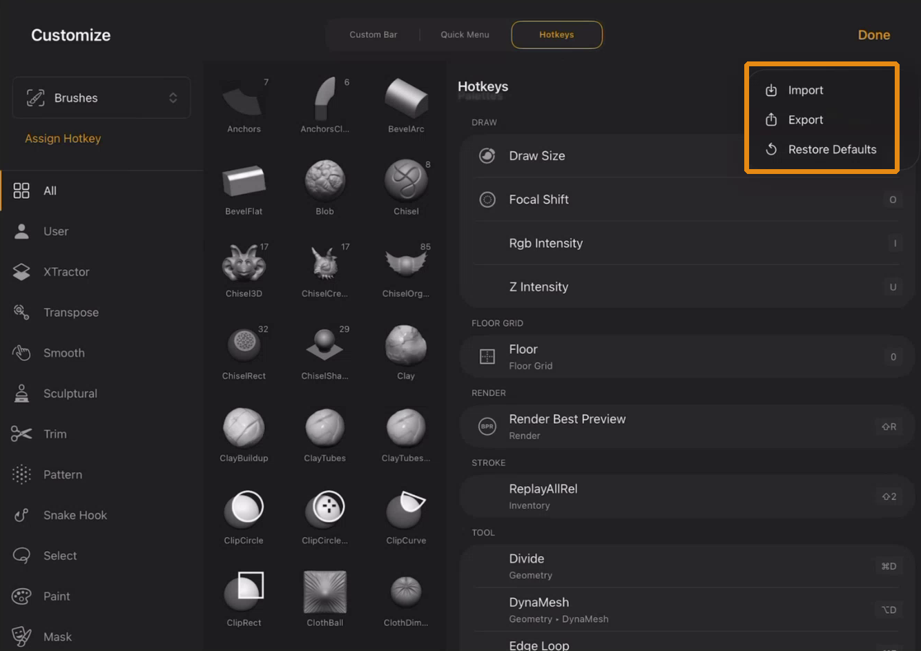 The three-dot dropdown menu in the top-right corner of the Hotkeys tab, showing three options: Import, Export, and Restore Defaults.