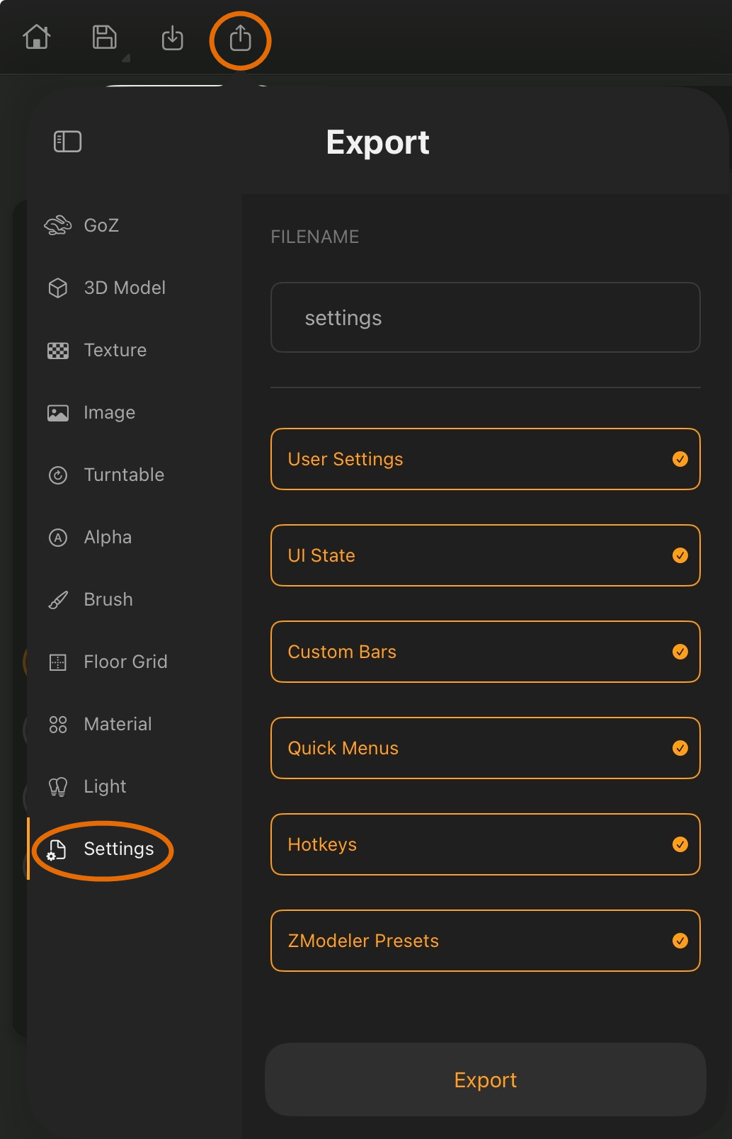 The Export Settings menu lets you save all customizable settings, including hotkeys, custom toolbars, quick menus, and palette trays, into a single export file.