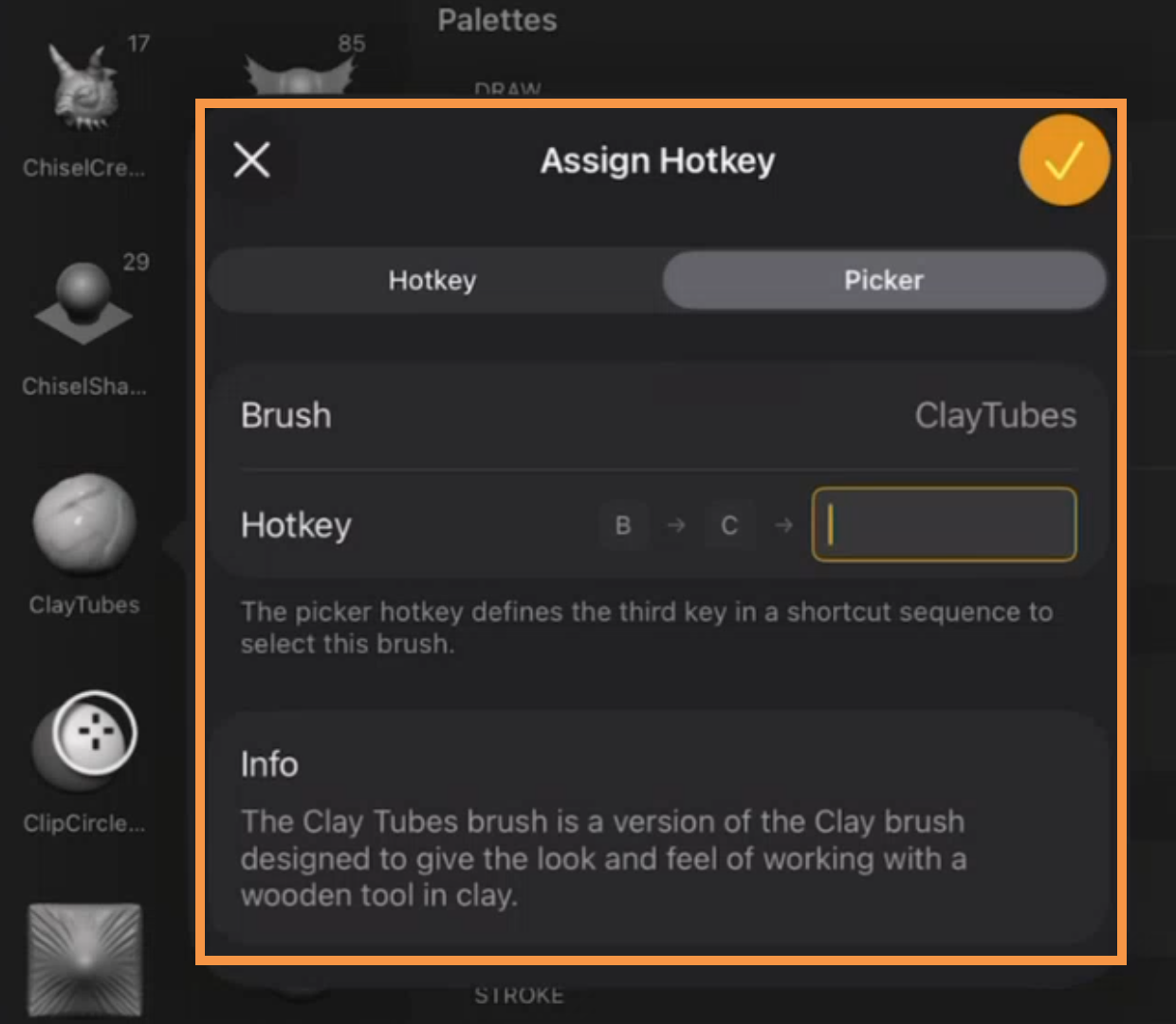 ZBrush for iPad allows you to select the third hotkey keystroke within the Picker tab.