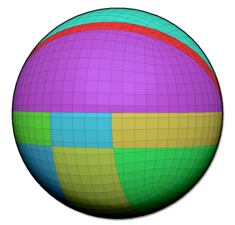 The PolyGroups on the bottom were created while the top of the sphere was hidden.