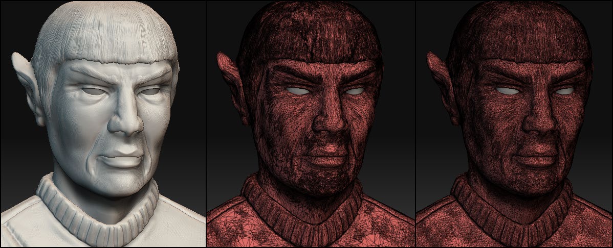 On the left, the original model. On the middle, the default mode. On the right, the Uniform Mesh mode.