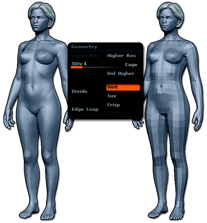 On the left, the original model. In the center, the Subdivision slider set to 1 and on the right, the model at this level of Subdivision.