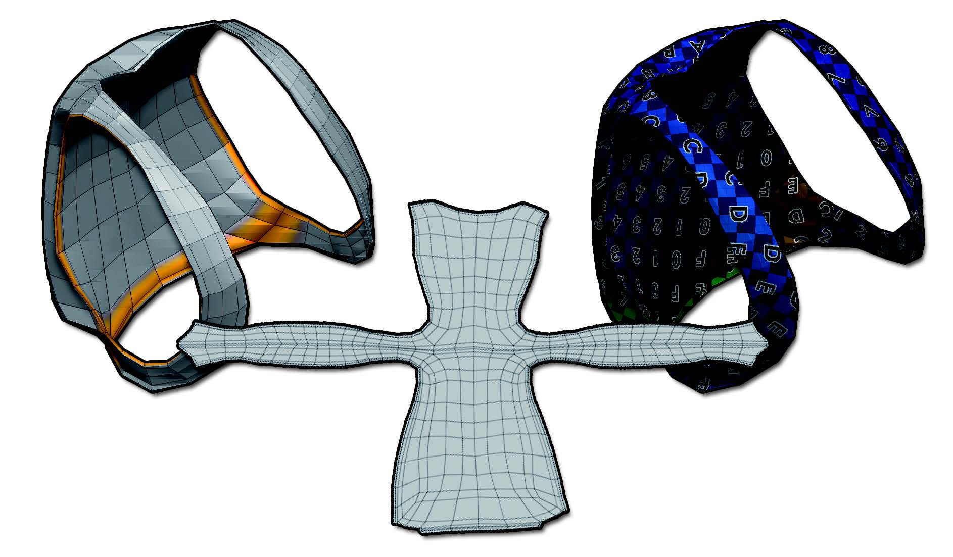 The DemoSoldier backpack. On the left, the computed seams with cutting seams on the bottom of the handles. On the middle, the result of the unwrap and on the right, the model with an UV checker map to visualize the result.