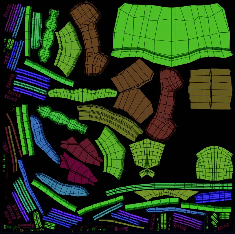 The UVs of a complex model packed in the 0,1 UV space.