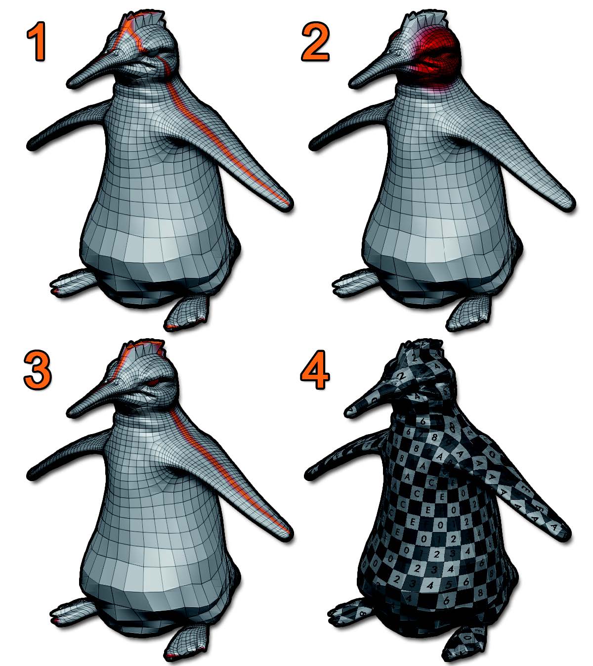 By default, UV Master will add a seam to this penguin in the middle of the eye area (1). Protecting this area with Protect Control Painting (2) will avoid creation of the seam in this part with a new Unwrap (3). The generated UVs (4) with an UV checker map provide a good preview of the UVs.