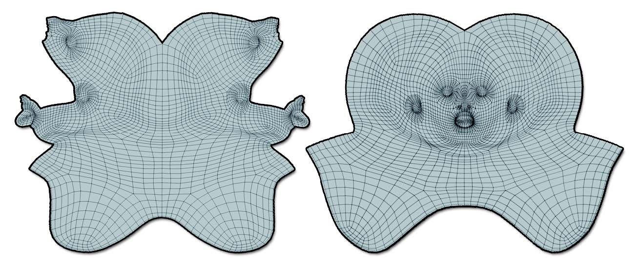 On the left, the unwrap of the Demo head with no Attract and no Protect: the unwrap produced very good results, but the UV map is difficult to read. On the right, with the Protect and Attract painted from the illustration above, the result is easy to read and then paint over. With just a couple of fast strokes, the unwrap understandability has been drastically improved.