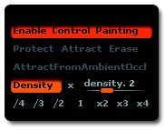 The density settings with Density mode enabled on the top and the multiply or divide operator combined with the value slider on the right. Under these settings are the different presets.