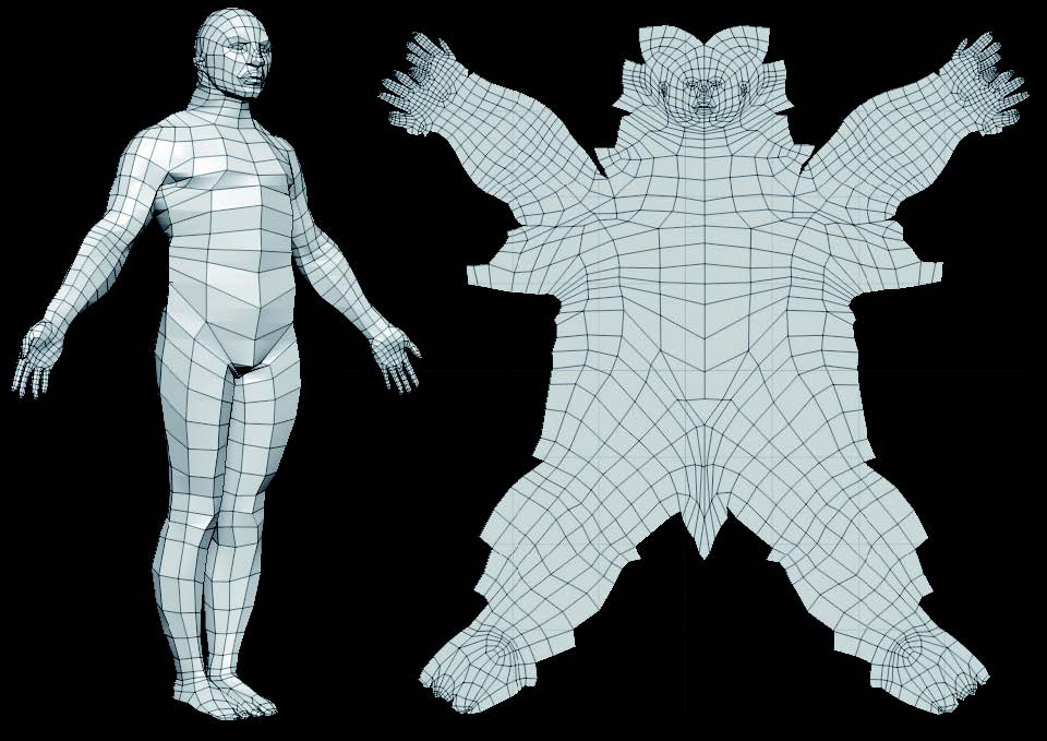 The DemoSoldier in 3D on the left and flattened, based on its UVs, on the right.