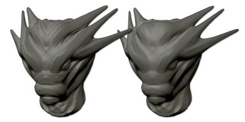 On the left, a rough concept sculpting and on the right, the model updated with the DynaMesh and the ClayPolish. Both models have the same polygon count, except that the ClayPolish optimize the surface softness and edges