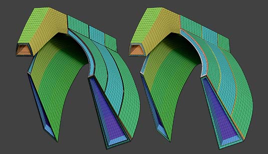 The original model with 45,000 polygons is on the left. It is shown on the right after Delete Loops was used to remove unnecessary edges and now has only 16,000 polygons