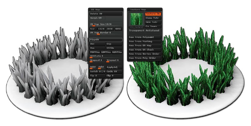 On the left, the original fibers. In the middle, creating the Fibers UVs and selecting a texture. On the right, the final result