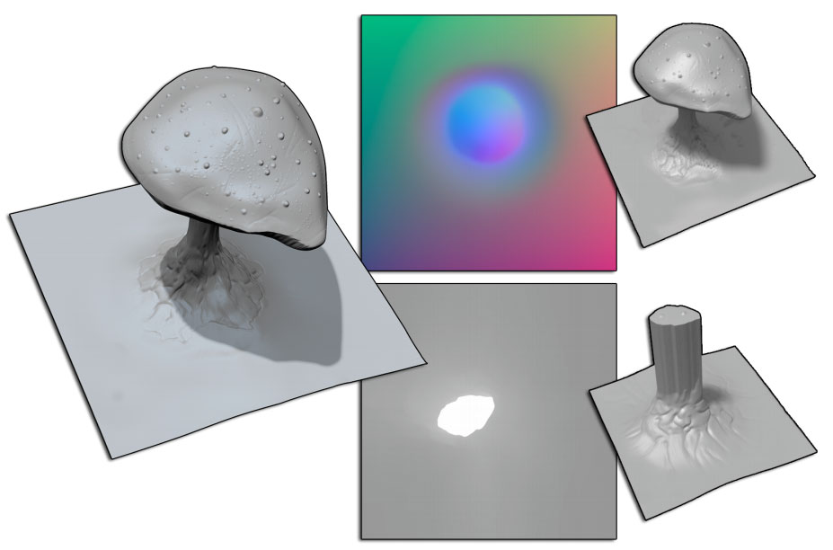 Above is the sculpted mushroom, rendered with a vector displacement maps and a “traditional” displacement map