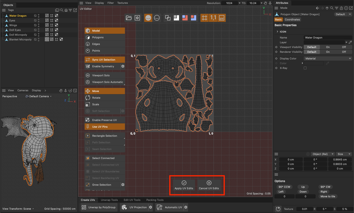 The Apply UV Edits and Cancel UV Edits buttons at the bottom of the UV view