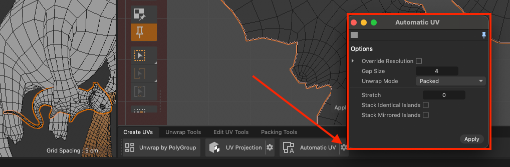 The gear icon next to Automatic UV opens the Automatic UV options