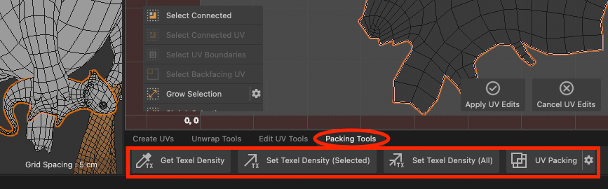 The Packing Tools tab with Get Texel Density, Set Texel Density (Selected), Set Texel Density (All), and UV Packing