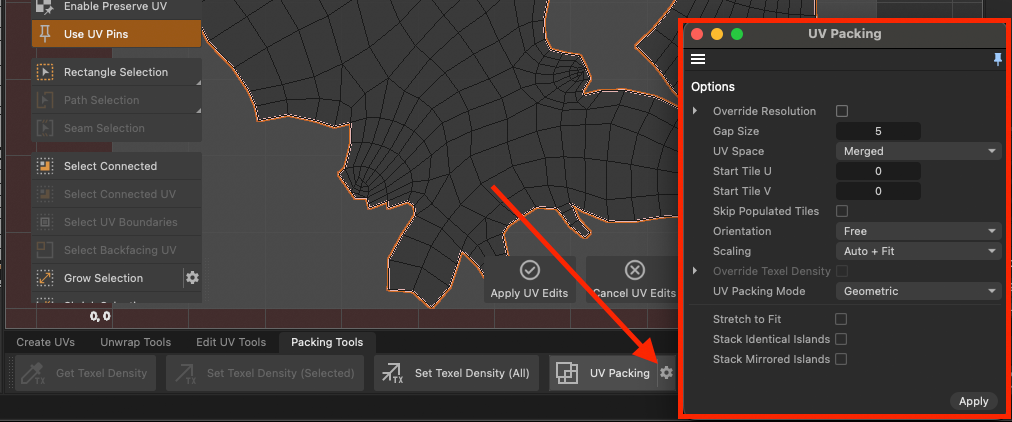 The UV Packing options