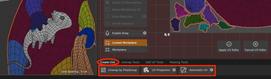 The Create UVs tab with Unwrap by PolyGroup, UV Projection, and Automatic UV