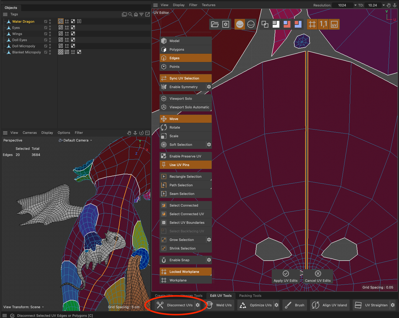 UVs after splitting along the selected edges