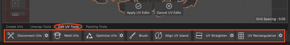 The Edit UV Tools tab, from Disconnect UVs to UV Rectangularize