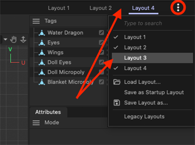 With Layout 3 deselected in the three-dots menu, the layout tabs no longer show a Layout 3 tab