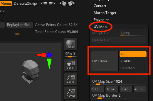 The UV Editor button and its All, Visible, and Selected options in the Tool > UV Map sub-palette