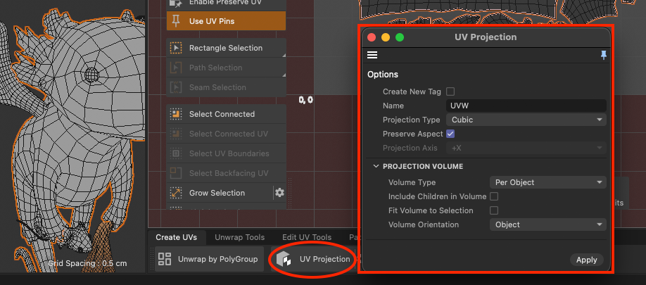 The Create UVs > UV Projection options